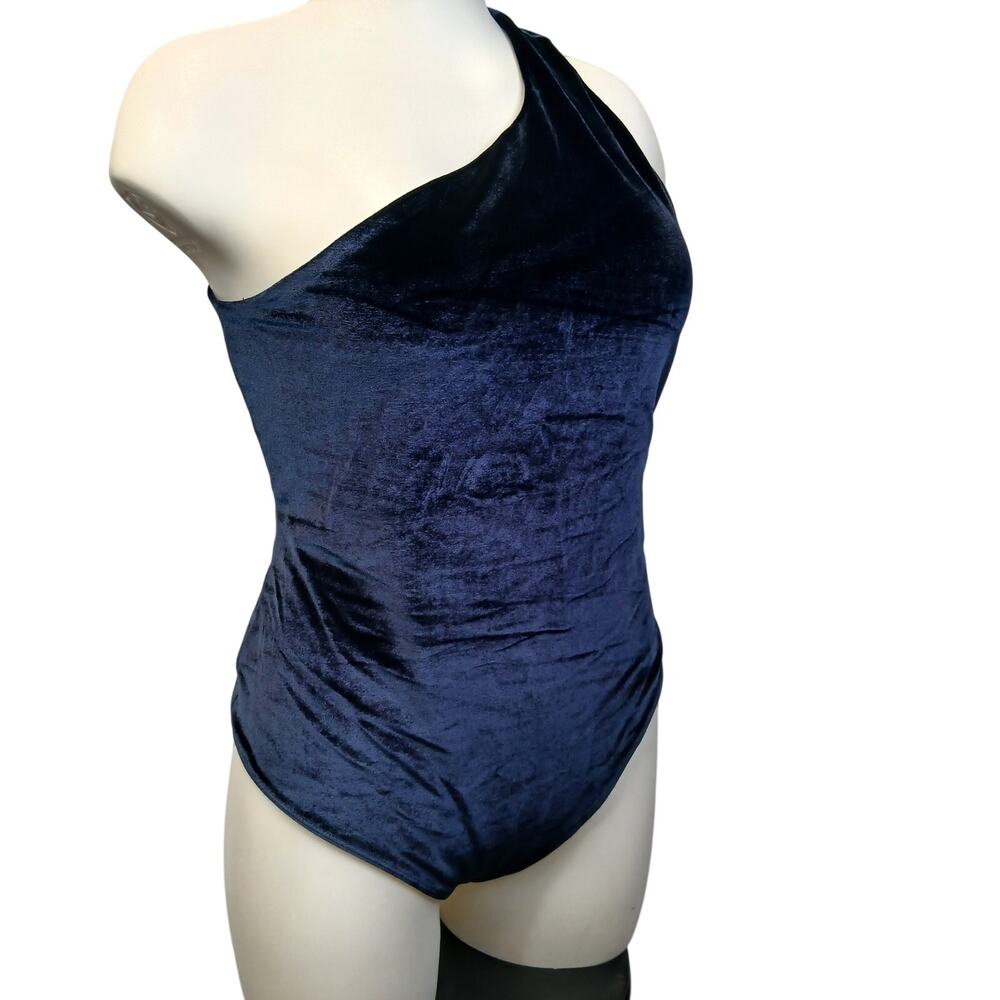 Fabletics Navy Blue Velvet One Shoulder Bodysuit Womens XL Cutout Back